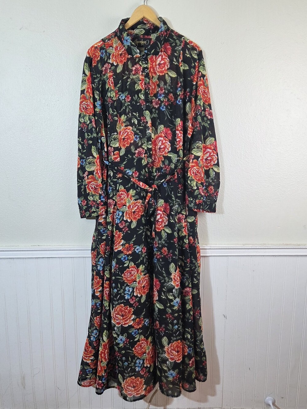 Sporting Jeans 1X Black Floral Maxi Dress Sheer Top Peony Button Front Belt Boho